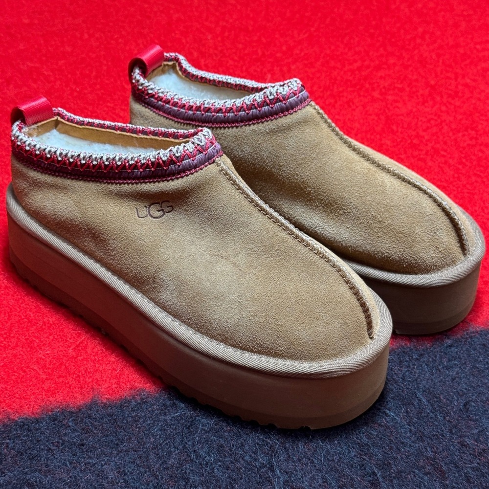 UGG Tazz Platform Slipper Women Size 5 Chestnut Suede Braided Trim Slip-On Shoe